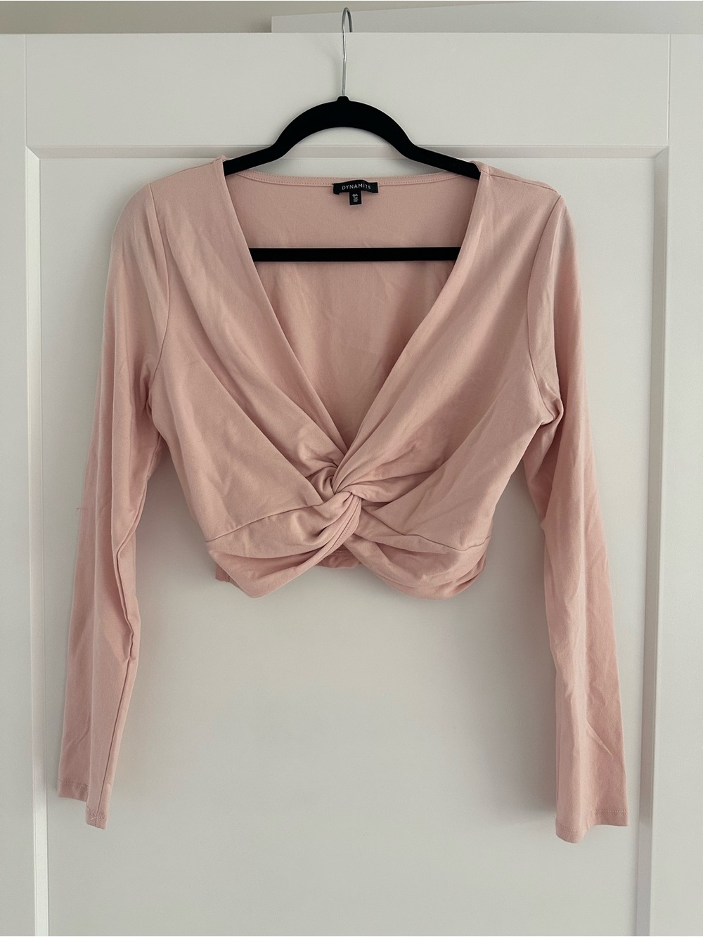 Pink Twist-Front Long Sleeve Crop Top